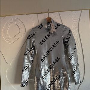 Balenciaga Metallic Silver Logo Dress - BRAND NEW
